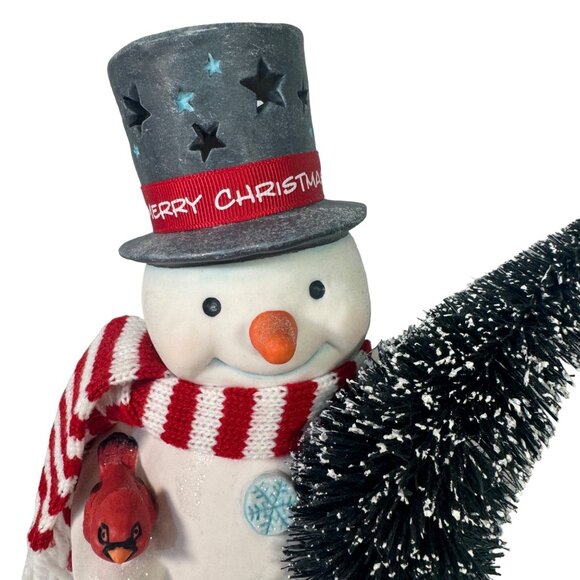 2012 Hallmark Snowman Tea Light Holder With Christmas Village Scene & Scarf - Picture 2 of 6